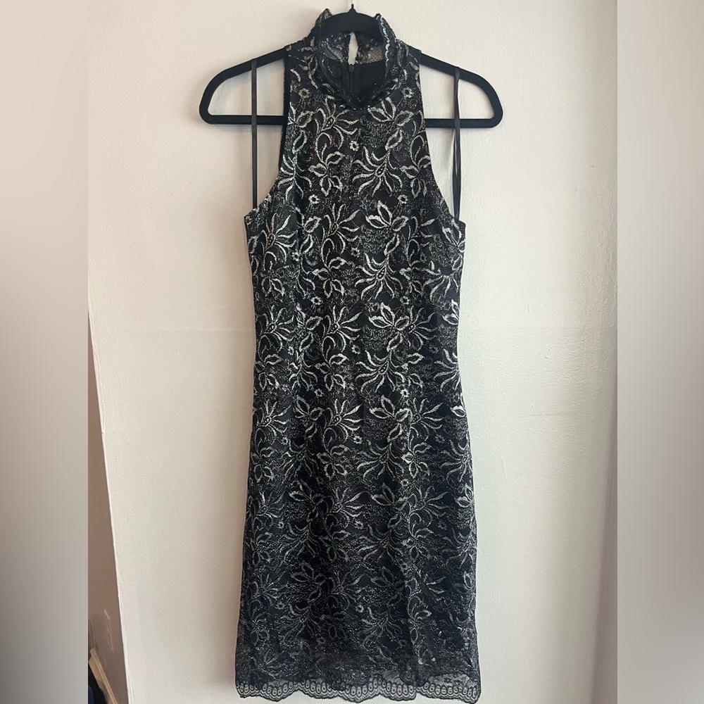 BCBGMaxAzria Y2K Black and Silver Floral Midi Dress